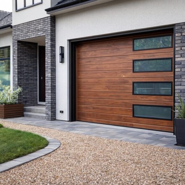 Garage door replacement, newly installed timber-look sectional door fitted for upgraded style and performance by Garage Door Repair Guys