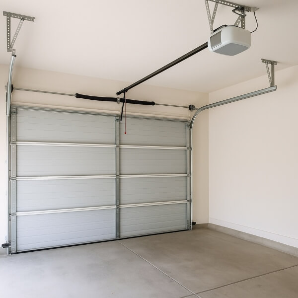 Overhead garage door repair inside view featuring sectional panels and a ceiling-mounted opener being checked for smooth, aligned movement by Garage Door Repair Guys