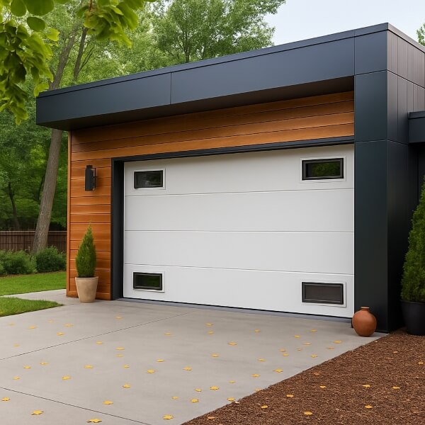 Modern home with sectional garage door after professional garage door repair, showcasing restored alignment and smooth operation by Garage Door Repair Guys.