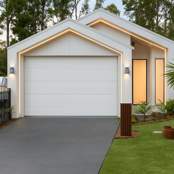 Modern single-car home featuring a newly completed garage door installation with a sleek white sectional door, professionally fitted by Garage Door Repair Guys.