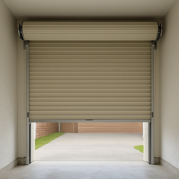 Roller garage door repair in progress, showing a partially open roller door from the inside as part of a professional service by Garage Door Repair Guys.